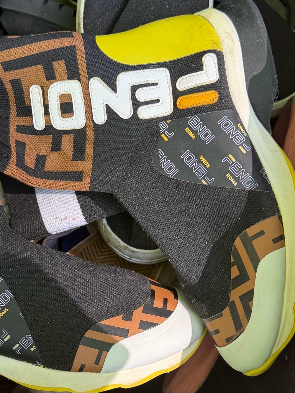 Fendi Black and Brown Logo Sock Sneakers with Yellow Accents
